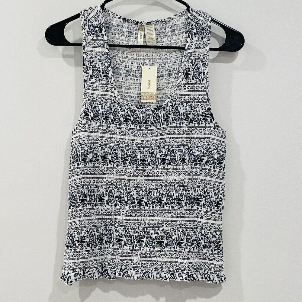 NWT Japna Smocked Ruched Tank Top Shirt Floral Blue White Size Large L